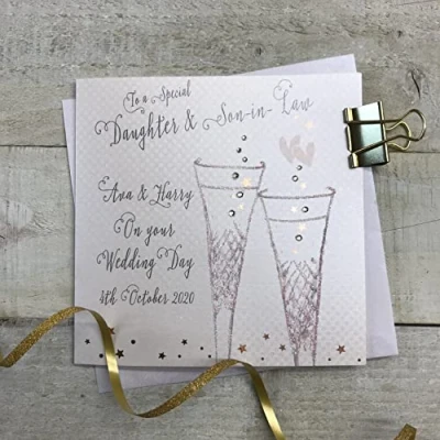 Image of WHITE COTTON CARDS PERSONALISED WEDDING CARD. DAUGHTER &amp; SON IN LAW CRYSTAL FLUTES DESIGN. Handmade (P19 37D XP19 37D)