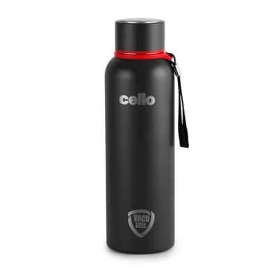 Image of Cello Duro Tuff Steel Series Kent Double Walled Stainless Water Bottle with Durable DTP Coating, 900ml, Black