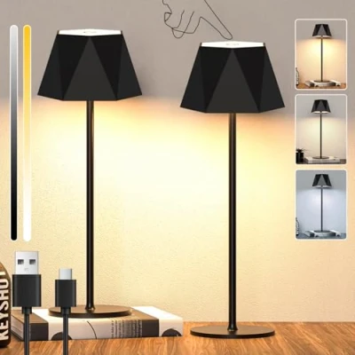 Image of 2 Pack LED Dimmable Battery Table Lamp Cordless Touch Desk Lamp, Rechargeable Operated Lamps with USB C, IP44 Waterproof Metal for Outdoor and Indoor, 5600mAh, 5W, Black
