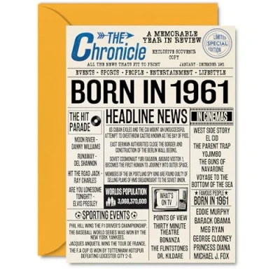 Image of 63rd Birthday Cards for Women Men Born In 1961 Newspaper Happy 63 Card Grandma Grandad Nan Vintage Retro Back 1961, A5 Sixty Three Third Bday Greeting