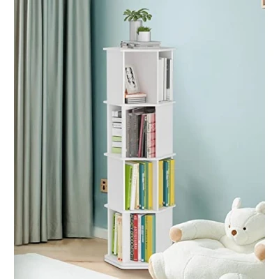 Image of tonchean 4 Tier Rotating Bookshelf White Bookcase Wooden Narrow Free Standing Corner Hexagonal 360 Display Spinning Book shelf for Living Room Bedroom