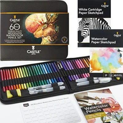 Image of Castle Art Supplies 60 Piece Woodless Watercolour Pencils Set 48 Solid Premium Pigmented Plus Extras All Core, No Wood For Adult Artists, Starters, Colourists In Strong Fabric Case