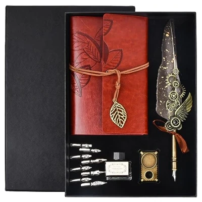 Image of volumoon 12 Piece Calligraphy Nib Set, Set with Dip Pen Nib, 8 Replacement Tips, Notebook, Ink and Holder, Antique Pen, Vintage for Gift