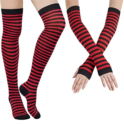 Image of DRESHOW Womens Socks Striped Knee High Arm Warmer Fingerless Gloves Set