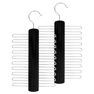 Image of Tie Hanger for Wardrobe Pack of 2 Wooden Organiser Men with 20 Non Slip Chrome Bars Stylish Rack Holder 360 Swivel Hook Sophisticated Storage Black