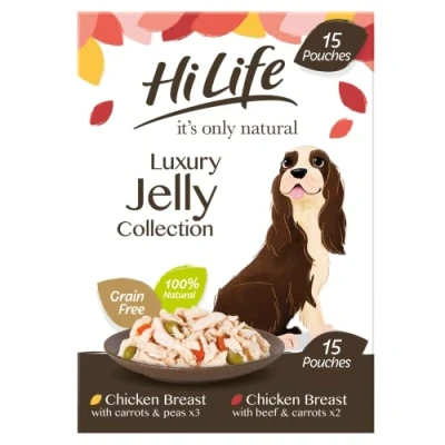 Image of HILIFE it&#039;s only Natural Wet Dog Food The Luxury Jelly Collection Chicken Breast, Beef, Carrots, Peas 100% Grain Free, 15 Pouches x 100g