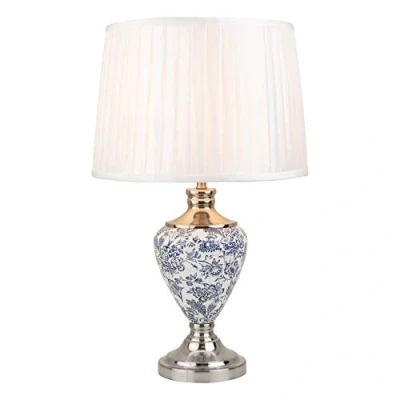 Image of Lighting Supermarket Hepburn Large Ceramic Table Lamp with Ivory Pleated Shade Modern White, Blue Silver