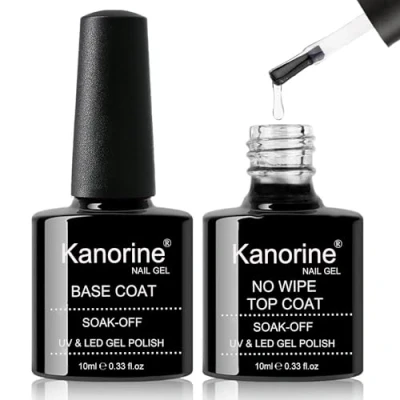 Image of Kanorine Gel Nail Polish Base Coat and Top Set, 2x10ml Shine Finish Long Lasting Soak Off UV LED Lamp Art Design Manicure