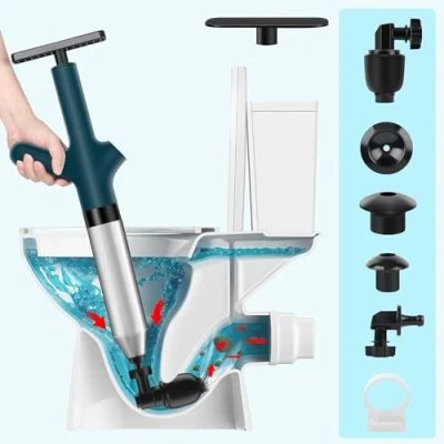 Image of HOMREALM Toilet Plunger Heavy Duty,Drain Snake Clog Remover Tools,High Pressure Air Drain Blaster Duty For Toilet,Bathroom,Floor Drain,Sewer,Pipe,Kitchen Clogged