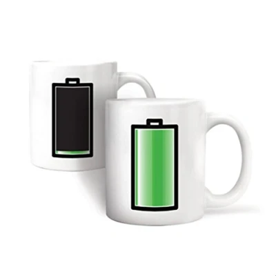 Image of Kikkerland Stoneware Thermographic Ink Battery&quot; Ceramic Morphing Mug, White, 11 oz