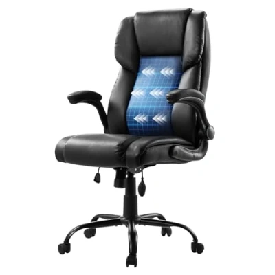 Image of VEVOR Executive Chair, High Back Office Chair with Flip up Armrests &amp; Lumbar Support, Ergonomic Desk Adjustable Tilt Height, PU Leather Swivel Rolling for Working, Study, Gaming, Black