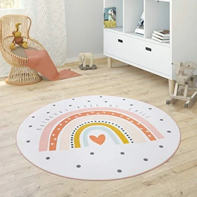 Image of Paco Home Kids Rug Round Room Girls Boys Star Moon Elephant Rainbow, Size:Ø 150 cm round, Colour:Cream