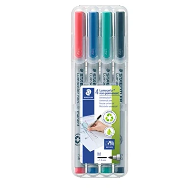 Image of STAEDTLER 315 WP4 Lumocolor Non Permanent Pen, Medium Line Width, 1.0mm Assorted Colours (Pack of 4)
