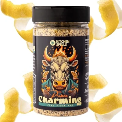 Image of Prince Charming Fine Steak Rub Blend of Spices Infused With Zesty Lemon, Aromatic Garlic &amp; Onion For Amazing Beef Steaks Meat Seasoning Spice Dry Large Jar 200 G