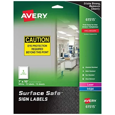 Image of Avery Surface Safe Sign Labels, 7&quot; x 10&quot;, Removable Adhesive, Water &amp; Chemical Resistant, Pack of 15 Wall Decals (61515)