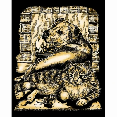 Image of Mammut Spiel &amp; Geschenk 0604 Gold, Approx. 10&quot; x 8&quot; Artfoil, Motif, Animal Friends, Dog, cat, Complete Picture, Knife and Instructions, Scraper, Scratch Set for Children from 8 Years, Mittel