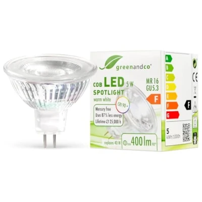 Image of greenandco® CRI 90+ MR16 GU5.3 LED Spot 5W Replaces 40W 400lm 3000K (Warm White) 38 Beam Angle 12V AC/DC Glass Body with Protective