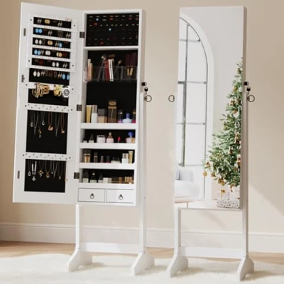 Image of Dripex White Jewellery Cabinet Mirror, Free Standing Dressing Mirror Lockable Organiser Unit, 3 Angles Adjustable Armoire with Large Storage