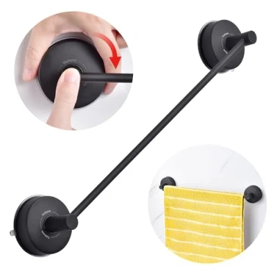 Image of YOHOM Suction Towel Rail Bathroom 42.8 CM Vacuum Hand Holder Stainless Steel Cup Tea Rack Kitchen Single Shower Bar Wall Mounted Hanger No Drilling (17 Inch) Black