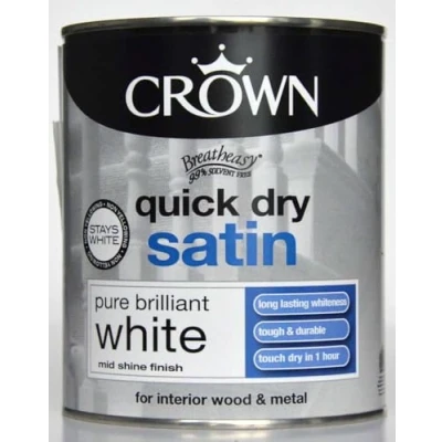 Image of Crown Quick Dry Satin Paint Brilliant White 750ml, Wood, Metal, Int/Ext