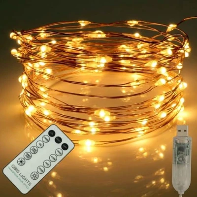 Image of Qbis 100 Warm White Fairy Lights on Copper Wire, Micro LED String Lights, Remote Control, USB Plug, Timer, Multi Function, Adjust Brightness,