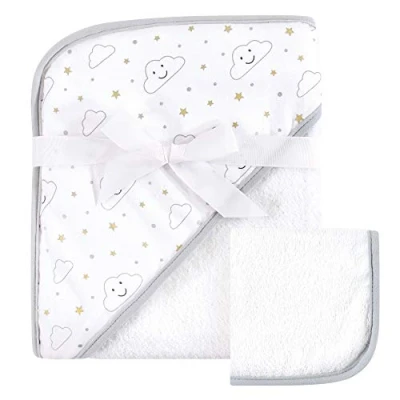 Image of Hudson Baby Unisex Cotton Hooded Towel and Washcloth, Gray Clouds, One Size