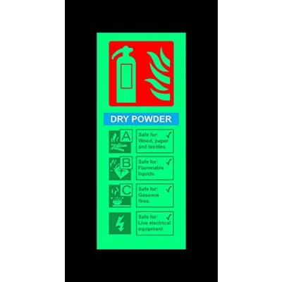Image of Dry powder fire extinguisher safety sign 200mm x 80mm 1.2mm Photoluminescent rigid plastic with self adhesive backing