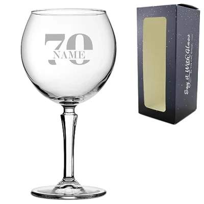 Image of Personalised Engraved Hudson Gin Balloon Cocktail Glass with Name in 70 Design, Personalise Any Name, Gift Box Included, Laser Engraved, 70th Birthday
