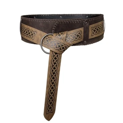 Image of HiiFeuer Viking Embossed Wide Belt, Retro Medieval Faux Leather Mercenary Knight for LARP Ren Faire (Brown A)