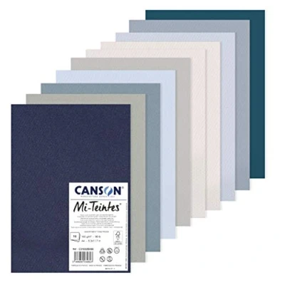 Image of CANSON Mi Teintes Coloured Drawing 160gsm A4 Paper Pack, Double Sided: Honeycomb &amp; Fine Grain, 10 Cool Colour Sheets, Ideal for Professional Artists Illustrators