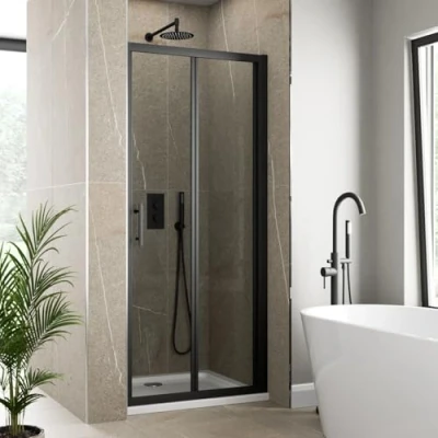 Image of Luxura® 760mm Bifold Folding Shower Door Screen for Wet Room Cubicle Enclosures, 6mm Safety Glass Space Saving, Framed, Black