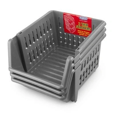 Image of Whitefurze Indispensable 18cm Silver Plastic Stacking Basket Set (Neoteric Design) (B77)