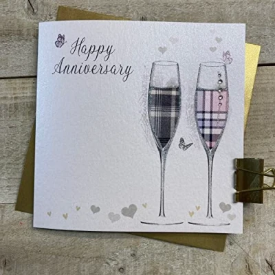 Image of WHITE COTTON CARDS TARTAN FLUTES, SCOTTISH ANNIVERSARY CARD, HAND FINISHED (D54)