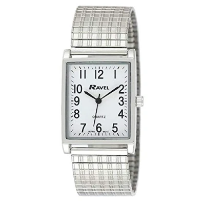 Image of Ravel Gents White Rectangle Dial Silvertone Expander Bracelet Strap Dress Watch R0220.02.1