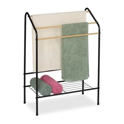 Image of Relaxdays Towel Rack, 3 Rails &amp; Shelf, Metal, HWD: 84.5x60.5x31 cm, Freestanding, Airer, Bathroom Stand, Black/Natural, Iron