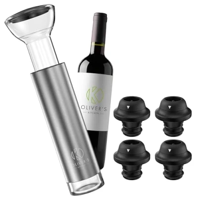 Image of Oliver&#039;s Kitchen ® Premium Wine Saver Vacuum Pump with 4X Stoppers Stopper Keeps Fresher for Longer Preserver Perfect Cork Bottles Accessories Gift