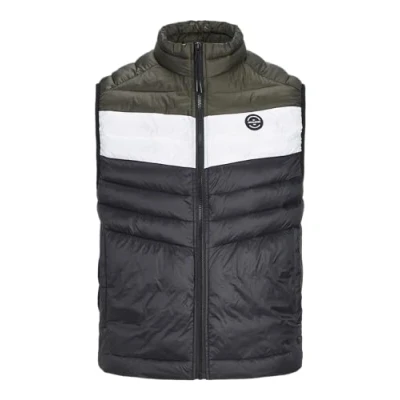 Image of JACK &amp; JONES Men&#039;s Quilted Puffer Gilet Full Zip Sleeveless Jacket with High Neck Lightweight Jacket, Black/White Colour, Size S