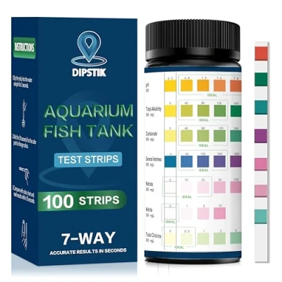 Image of DIPSTIK Aquarium Test Strips, 7 Way Freshwater Saltwater Fish Tank Pond Kit, 100 Nitrate, Nitrite, Chlorine, Hardness, Alkalinity, Carbonate, pH