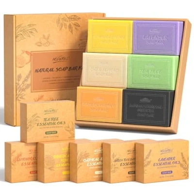 Image of Natural Soap Bar Gift Set Body Wash Bars Organic Soaps For Women &amp; Men Lavender, Tea Tree, Lemongrass Orange, Oatmeal Almond, Green Bamboo Charcoal, Turmeric Vitamin C Kojic Acid 6x3.5oz