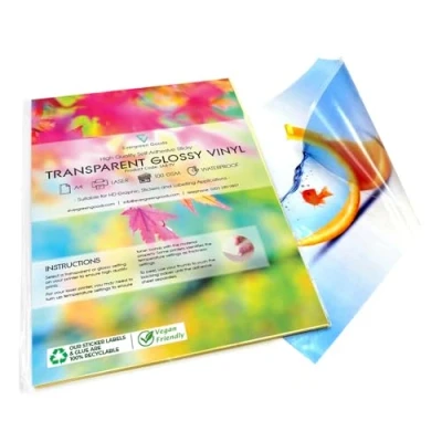 Image of 20 Blank Sheets Waterproof A4 Clear/Transparent Vinyl Glossy Self Adhesive Sticker Quality Laser Printable Customisable Make Your own Stickers, Products Labels, Signs and More