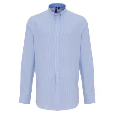 Image of Premier Mens Cotton Rich Oxford Stripe Shirt (White/Light Blue) Size Small