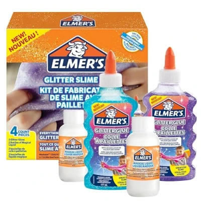 Image of Elmer’s Glitter Slime Kit Supplies Include Purple &amp; Blue Glue 2 Bottles of Magical Liquid Activator Washable Kid Friendly 4 Count