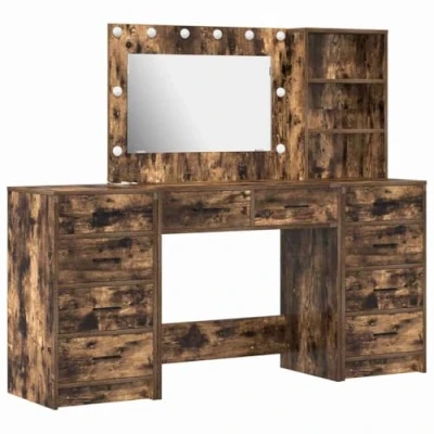 Image of vidaXL smoked oak solid wood rectangular highboard set of 3 135cm tall with led lighting for bedroom storage/dressing area