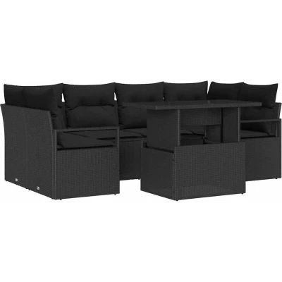 Image of vidaXL 7 Piece Garden Sofa Set with Cushions Black Poly Rattan