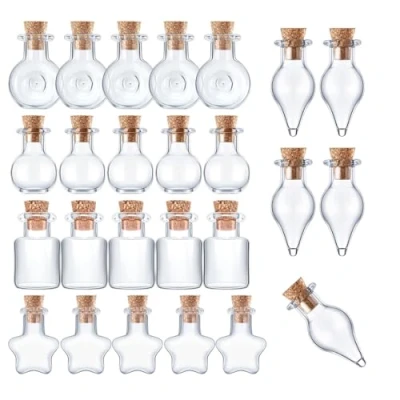 Image of 25Pcs Mini Glass Bottles with Cork Lids, 5 Classic Shapes Tiny Jars, Wishing Bottles, Small DIY Decorative Craft Vials for Crafts Party Weddings Decoration Storage Accessories
