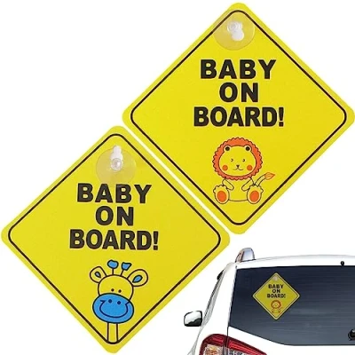 Image of 2 Pcs Baby on Board Car Warning Signs, Kids Driving Safety Sticker with Suction Cup Reusable Durable in for Window Cling