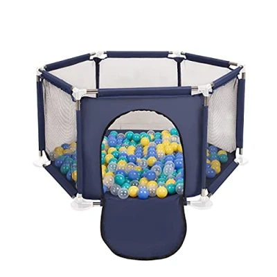 Image of Selonis Hexagon 6 Side Play Pen with 100 Balls, Blue:Turquoise/Blue/Yellow/Transparent