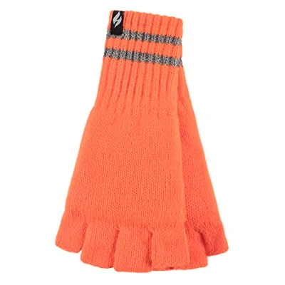 Image of HEAT HOLDERS Mens Knitted Fingerless Reflective Gloves for Winter Thermal Hi Viz Work (One Size, Orange)