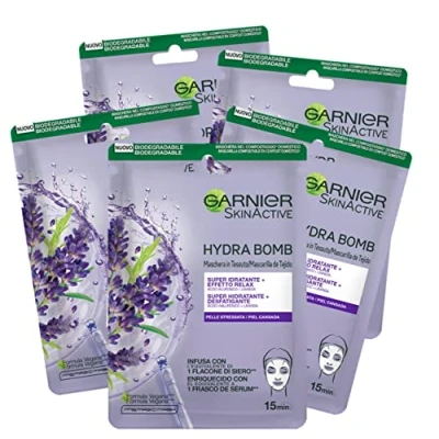 Image of Garnier Skin Active Hydra Bomb Fabric Mask Highly Moisturising and Relaxing with Hyaluronic Acid Lavender for Damaged Pack of 5