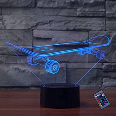 Image of Optical Illusion 3D Skateboard Night Light 16 Colors Changing Remote Control USB Power Touch Switch Decor Lamp LED Table Desk